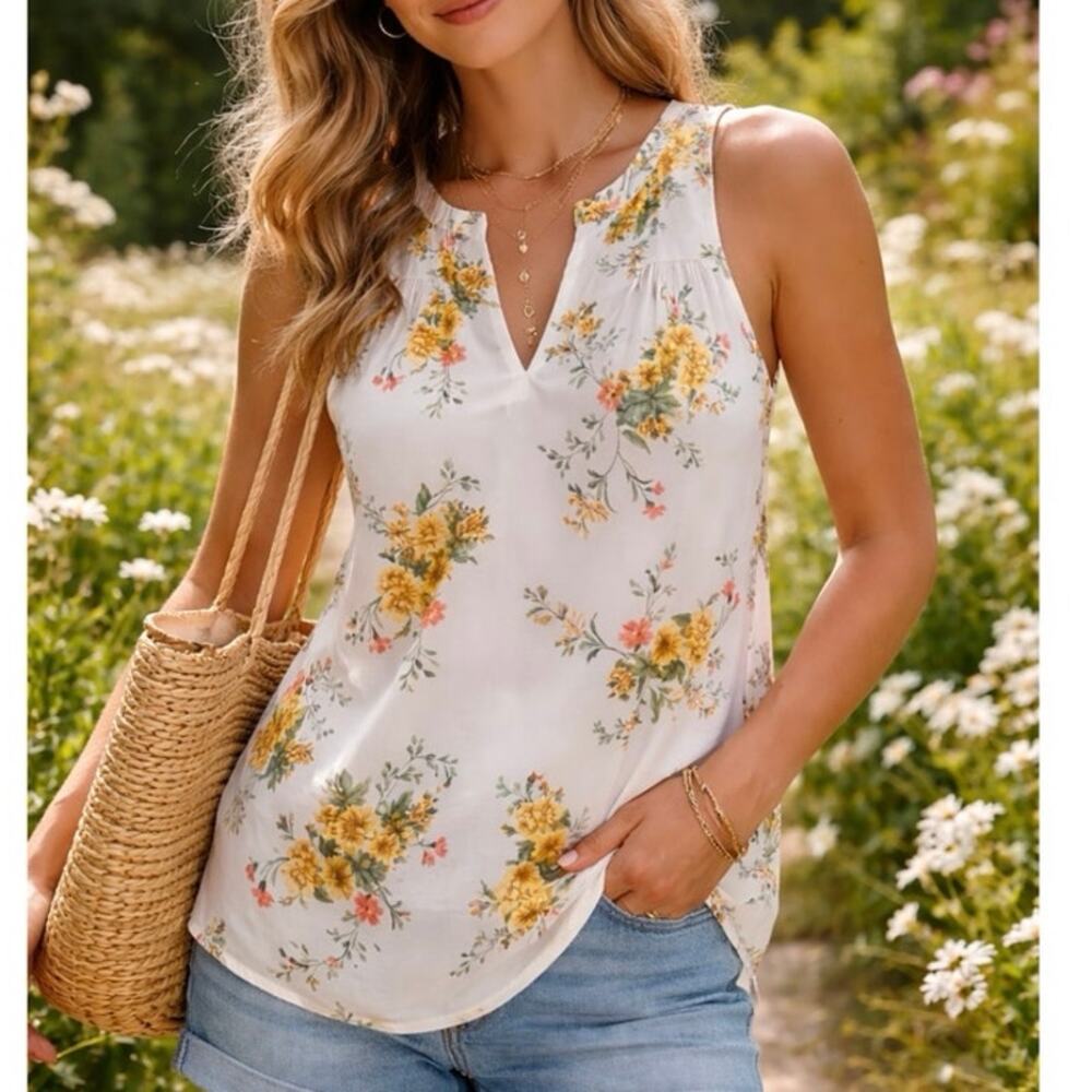 Old Navy Floral Sleeveless Blouse XL Split Neck Lightweight Summer Top
